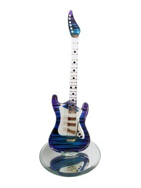Glass Baron  Blue & Purple Glass Guitar Figurine On Mirrored Base 5.5" Tall